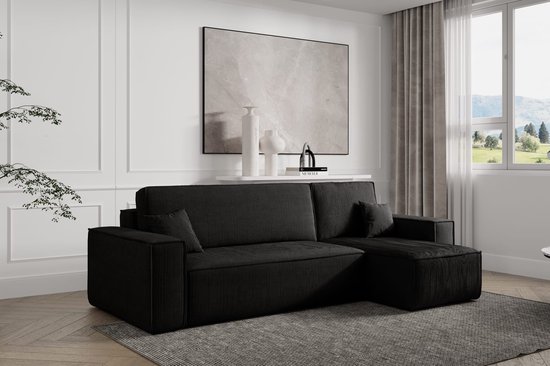 Hoekbank met opbergruimte Frenkie - Zwart - Ribstof Velvet - Zetel - Slaapbank - Universeel - Links of Rechts - Hoekzetel - Chaise longue - Zetel met slaapgedeelte - 3 zits