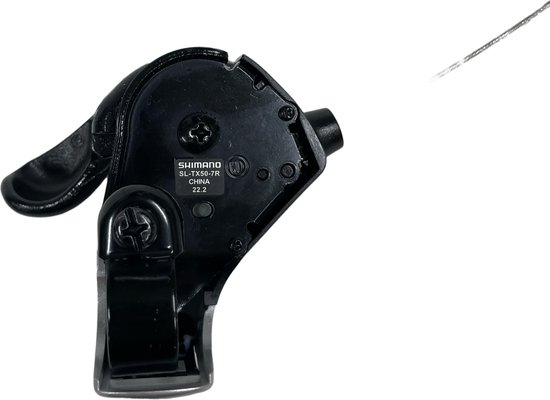 Zwarte achterkant van een Shimano SL-TX50-7R 7-speed fietshendel met kabel.
