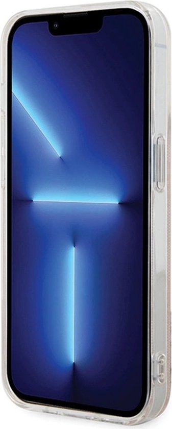 Coque transparente autour d'un iPhone 15 Pro à écran bleu.