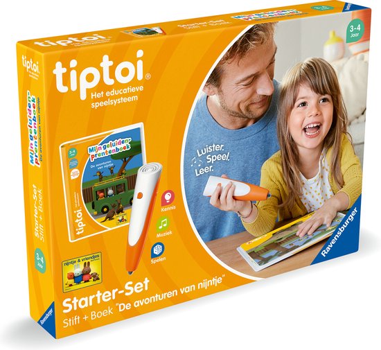 tiptoi starterset met boek "De avonturen van Nijntje". Een vader en dochter spelen met de oranje pen.
