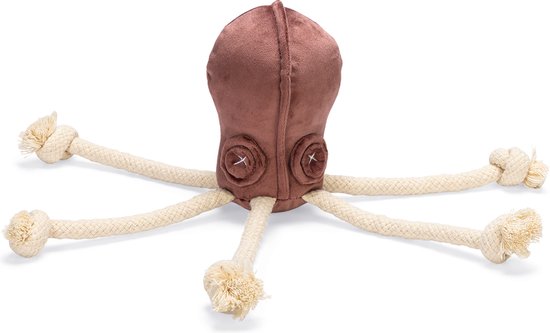 Roze zachte octopus knuffel met dikke touwpootjes met geknoopte uiteinden.