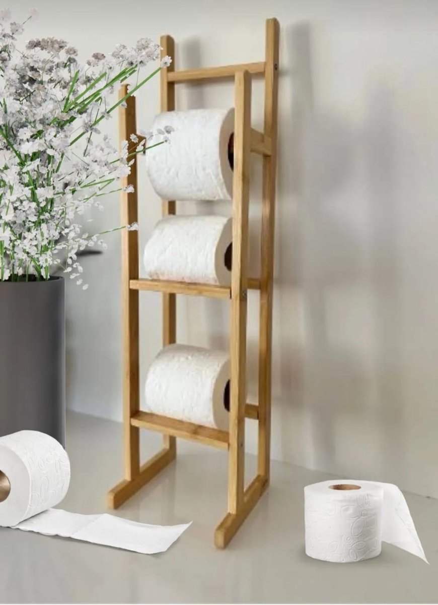 Stijlvolle Staande Toiletrolhouder van Hout - Natuurlijke Elegantie voor je Badkamer - Toilet