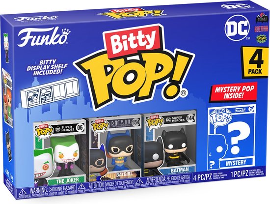 Funko Bitty Pop! 4-Pack met The Joker, Batgirl, Batman en een mystery figuur.