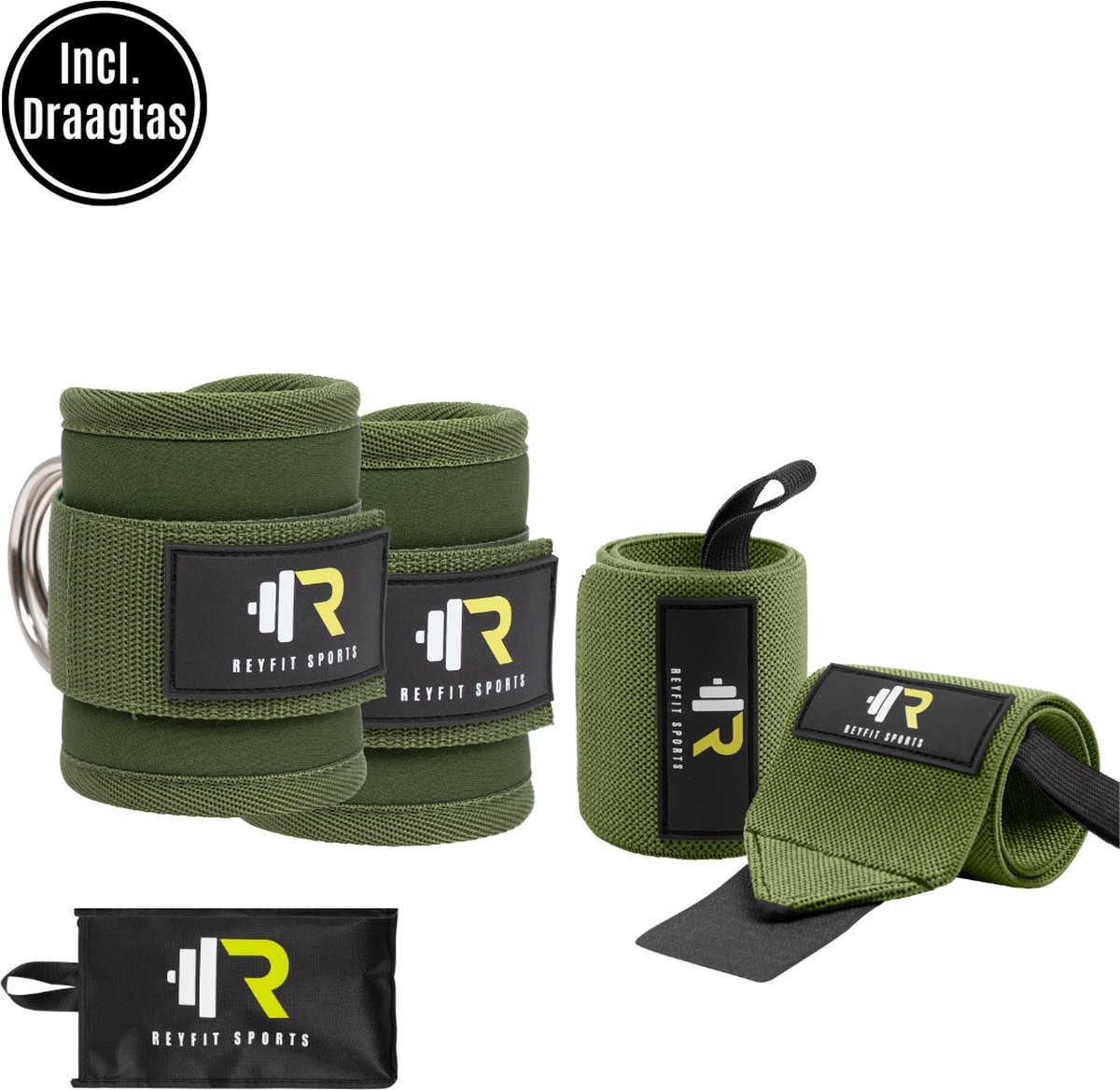 ReyFit Sports 2x Ankle Straps & 2x Wrist Wraps Bundel | Fitness accessoires | Crossfit | Krachttraining | Groen