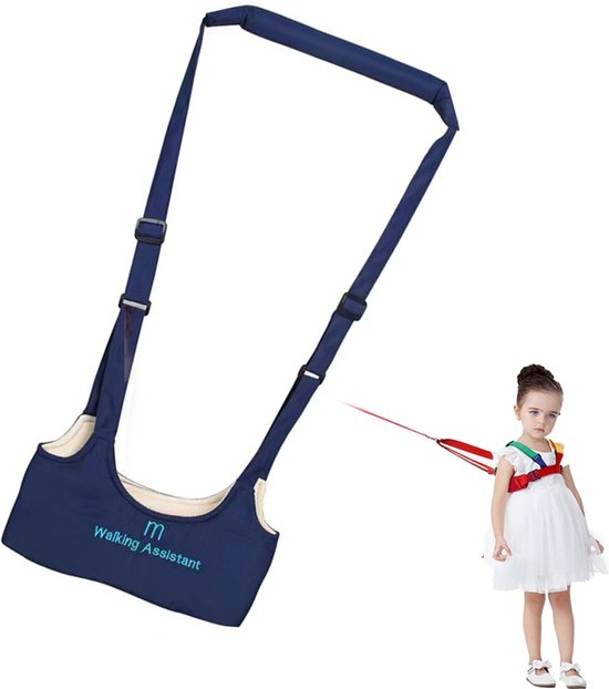 Donkerblauwe loopband met een meisje in een wit jurkje, vastgemaakt aan een rode lijn.