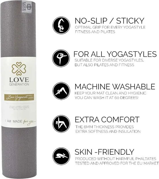 Love Generation ● Yoga Mat ● Fitness Mat ● Taupe ● 6 mm Dik van Love Generation — afbeelding 2