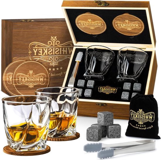 Foto: Luxe whiskey cadeau set herbruikbare ijsblokjes whiskey stenen voor glazen ijsklontjes steen incl 2 whisky glazen 8 whiskey stones 2 onderzetters fluwelen opbergzak opbergbox