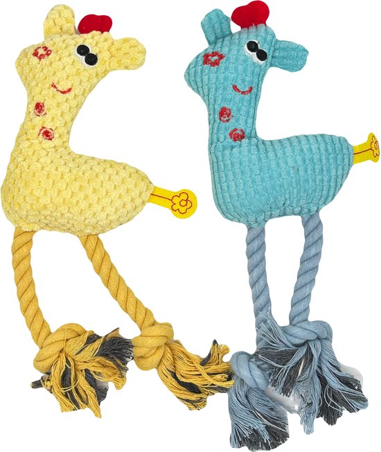 Geel en blauw corduroy giraf hondenspeeltje met touwpootjes.