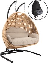 Bol.com Dubbel Hangstoel Dubai met Weerhoes - Zwart Frame - Kaki Basket - met Luxe Kussen - Open Base - 146*70*124 - 2 persoons ... aanbieding