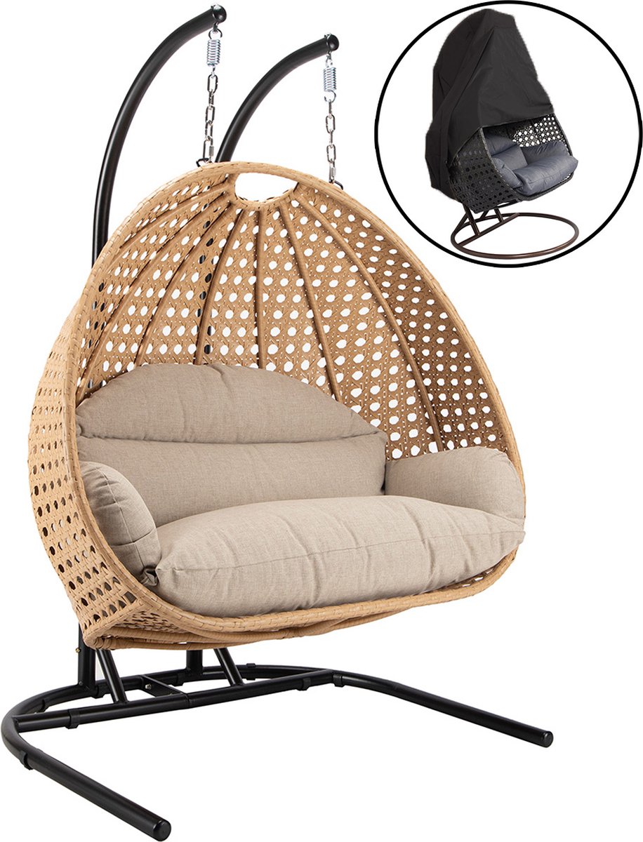Ogarden Dubbel Hangstoel Dubai met Weerhoes Zwart Frame Kaki Basket met Luxe Kussen Open Base 146*70*124 2 persoons schommelstoel