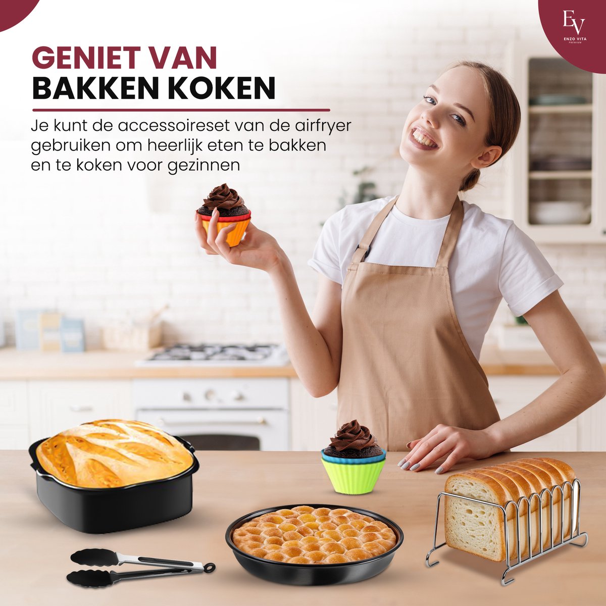 EnzoVita® Premium Airfryer Accessoires set - Meest Complete set - XL - Heteluchtfriteuse - Airfryer Accesoires set - Geschikt voor Airfryer XL en XXL - Inclusief Airfryer Siliconen Bakje & Nederlands Receptenboekje - Bakpapier — afbeelding 5