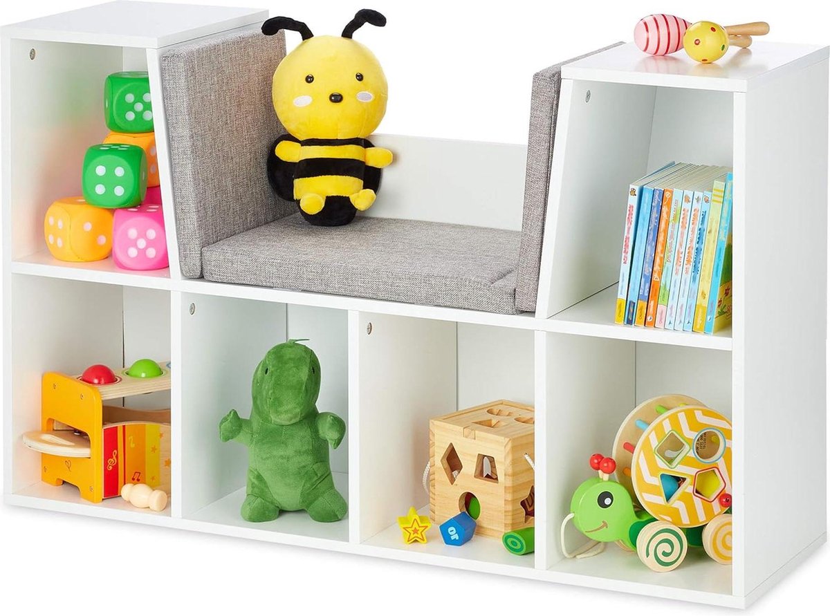 Boekenkast met kussen - 6 vakken - Kinderkast 63x103x30 cm - Zitbank kinderkamer wit speelgoedkast