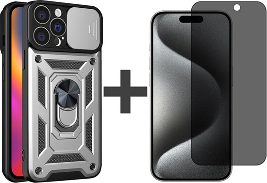 Étui avec protecteur d'écran de confidentialité adapté à iPhone 15 Pro Max avec support d'anneau et curseur d'appareil photo - Coque arrière Arara - Argent