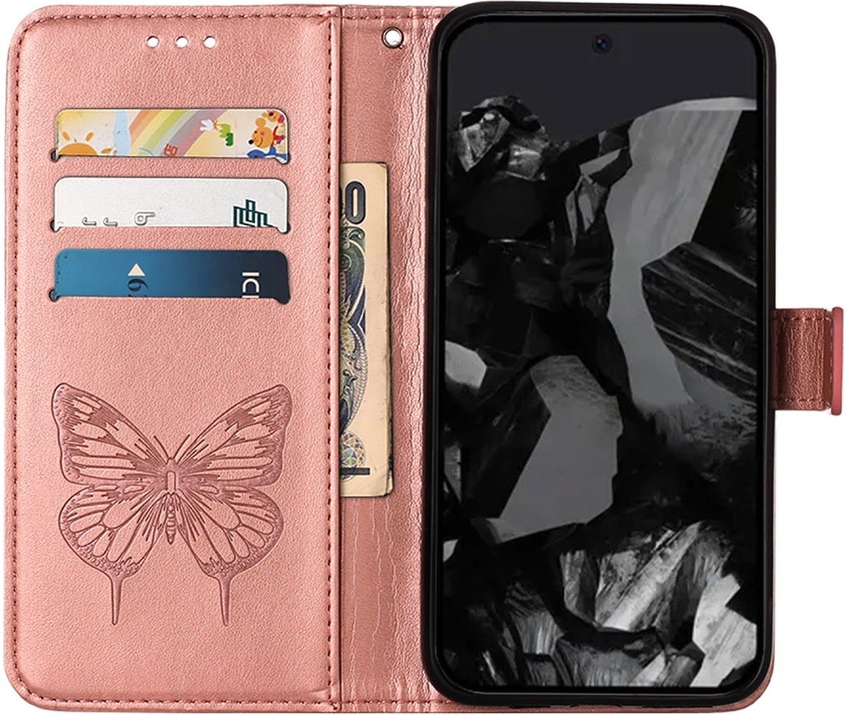Mobigear Telefoonhoesje geschikt voor Google Pixel 9 Pro Hoesje | Mobigear Butterfly Bookcase Portemonnee | Pasjeshouder voor 3 Pasjes | Telefoonhoesje voor Pinpas / OV Kaart / Rijbewijs - Roségoud