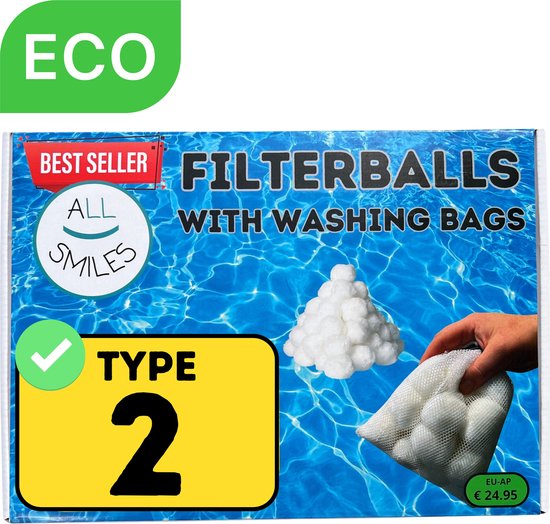 Type 2 / II Zwembadfilter Herbruikbaar - Geschikt als Zwembad Filter Bestway 2 / II - Zwembad Onderhoud Filtercartridge II - All Smiles Filterbollen vervanger 2 Bestway inclusief 2 waszakjes - Polysphere Filterballen Type 2 / Fiberballs Bestway