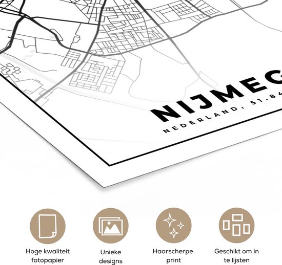 Poster Carte - Nimègue - Zwart - Wit - 120x180 cm XXL