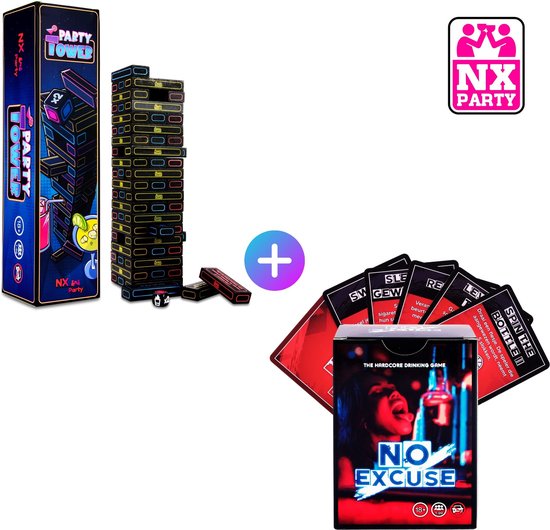 NX Party® DUO ~ NO EXCUSE! + PARTY TOWER - Drankspellen - Nederlandstalig - Kaartspel - Drunken tower - Spelletjes voor volwassenen - Drank spelletjes - Partyspellen - Partygames