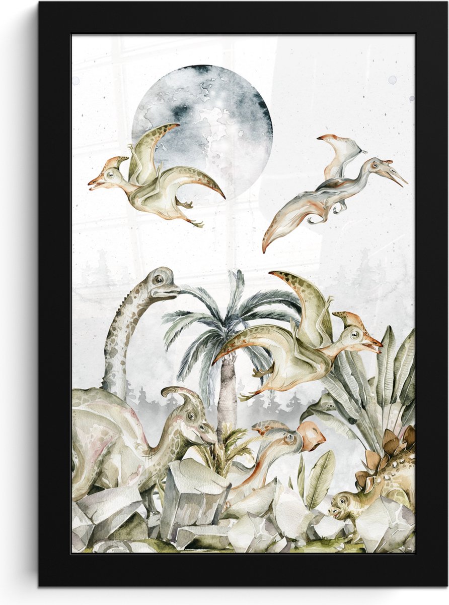 Poster in fotolijst kind - Dinosaurus - Kinderen - Jungle - Groen - Dieren - Natuur - Wanddecoratie jongens - Poster Dinosaurus - 20x30 cm - Schilderij voor kinderen