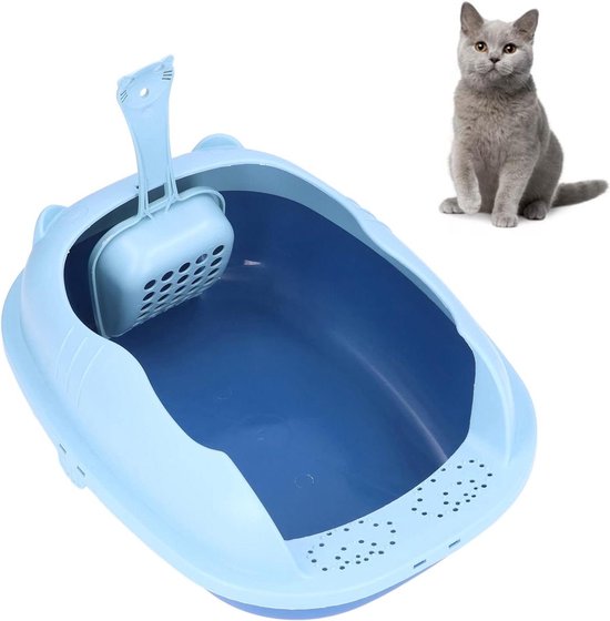 Roestvrijstalen kattenbak, anti-spatten metalen bak met schep, donkergrijs ( Groot: 50 x 35 x 10 cm