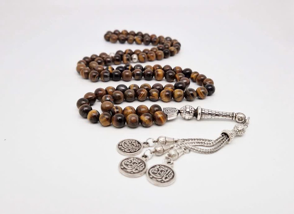 Handgemaakte tesbih natuursteen "Tijgeroog" - Aantal kralen 99 - Diameter kralen 8MM - met metaal tassel "Qul aeuidh biallah" - Een mooi cadeau-idee