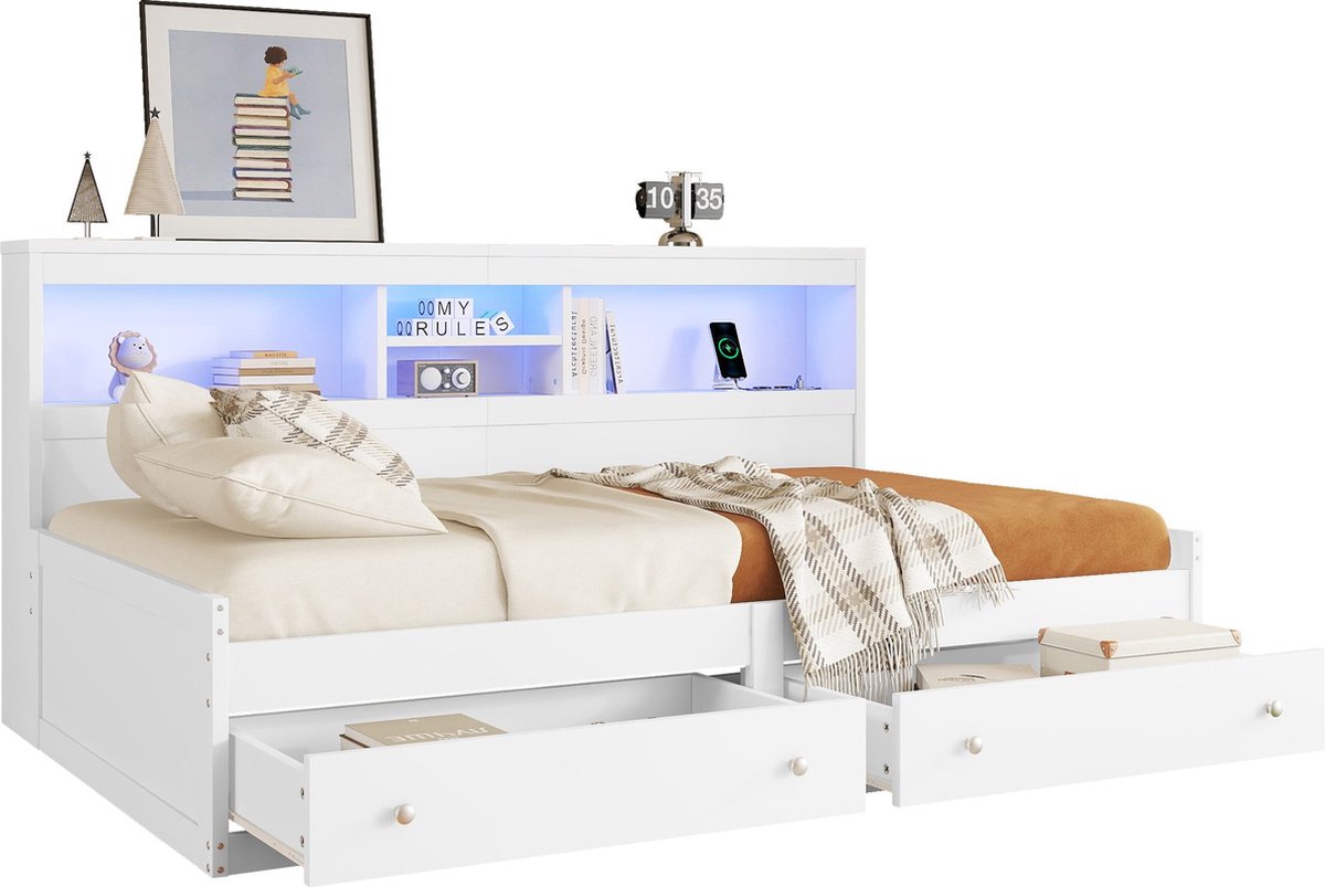 Merax Luxe Eenpersoonsbed 90x200 cm met Opbergruimte en Lades - Bed met USB-Aansluiting en LED-Verlichting – Kinderbed van Hout – Wit