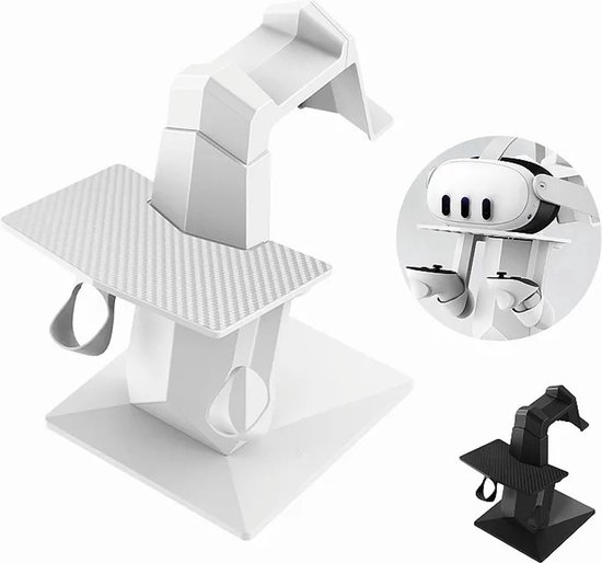 Witte VR Display Stand met een carbon-look print op het platform. Zwarte variant zichtbaar in cirkel.