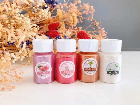 Mica Poeder Set | TERRACOTTA-ISH | Pigment Poeder | Kleur Poeder | 8-10 gr per potje | Epoxy Resin Giethars | 4 kleuren per set: Wit, Peach, Roze, Bruin | Parelmoer-effect