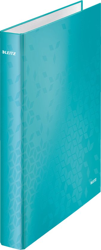 Classeur Leitz turquoise avec un subtil motif géométrique.
