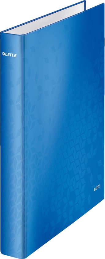 Chemise Leitz bleue à motif géométrique.