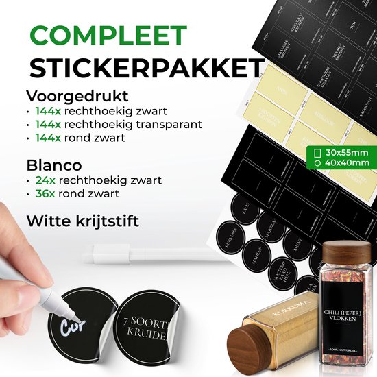 Collection d'autocollants d'épices noirs et transparents, d'autocollants ronds et d'un stylo craie.