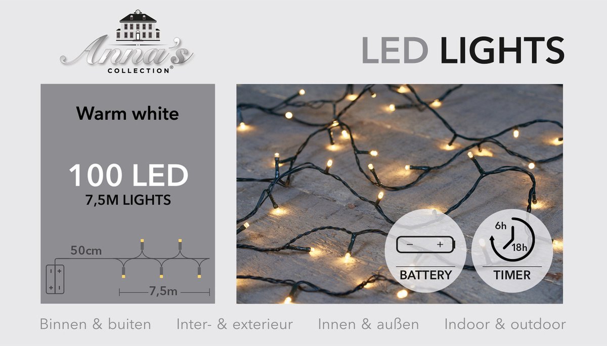 Anna's Collection Kerstverlichting - warm wit -750 cm - 100 leds - zwart snoer - batterij