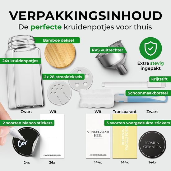 Soothe 24 Pots à Épices en Verre Carrés avec Couvercles en Bambou - 2 Types de Couvercles à Saupoudrer - Saupoudreur d'Épices - Spice Jars - Ensemble Complet incluant des Étiquettes d'Épices, un Stylo Craie et des Accessoires - 120ml