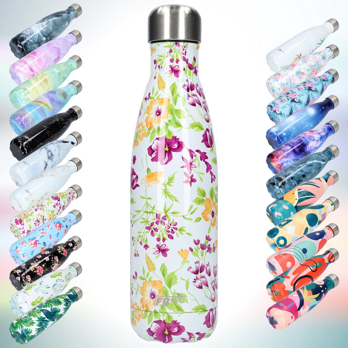 FBFS39, Thermosfles, Drinkfles, Waterfles - Modern & Slank Design - Thermos Fles voor de Warme en Koude Dagen - Dubbelwandig - Robuuste Thermoskan - 500ml - Purple & Yellow Flowers - Paars & Gele Bloemen