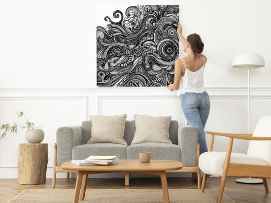 Line art zwart wit schilderij | Monochrome meesterwerk: een gespannen dans tussen licht en schaduw | Kunst - 20x20 centimeter op Canvas | Foto op Canvas