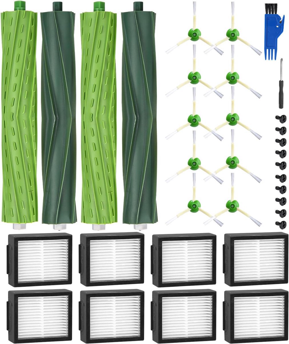 Reserveonderdelen geschikt voor iRobot Roomba E/I/J-serie, i7 i7+ i3 i3+ i4 i4+ j7 E5 E6, borstelaccessoires geschikt voor iRobot Roomba, 2 sets rubberen borstels,8 hoogwaardige filters, 10 zijborstels