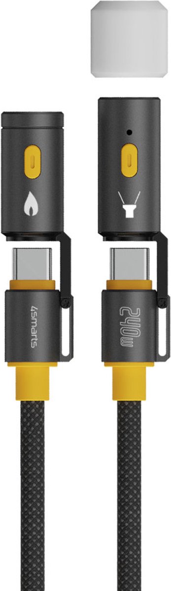 4smarts USB-C naar USB-C 240W 3-in-1 Kabel met Lamp en Aansteker 1.5M Zwart