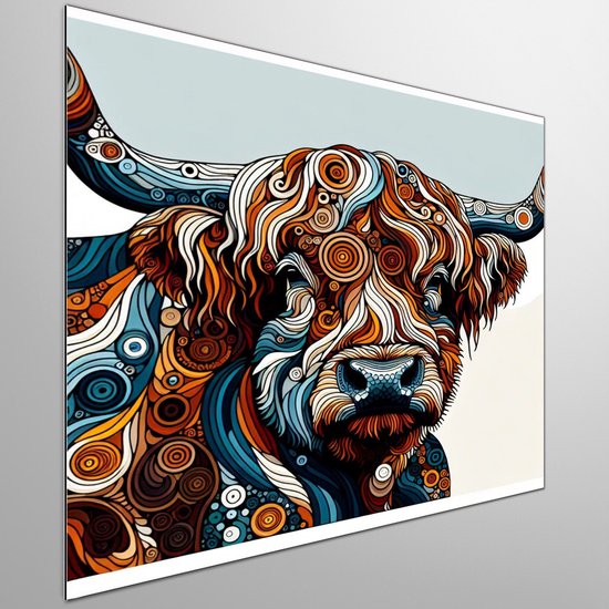 Acryl schotse hooglander schilderij | Hooglandse pracht in levendige acryl penseelstreken vereeuwigd op doek | Kunst - 30x30 centimeter op Dibond | Foto op Dibond