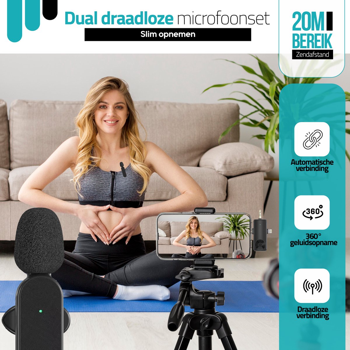 Strolox® Draadloze Microfoon - 2 Stuks - Lavalier - Windshields - Dasspeld - Lange Batterij - USB-C/Lightning - Plug & Play — cadeau in Gadgets - foto 4