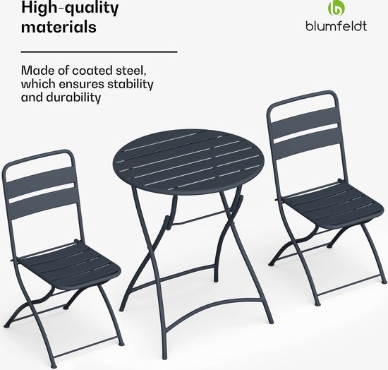 Blumfeldt Salon de Jardin Retrochic - Table + 2 Chaises 60 cm - Pliable - Anthracite