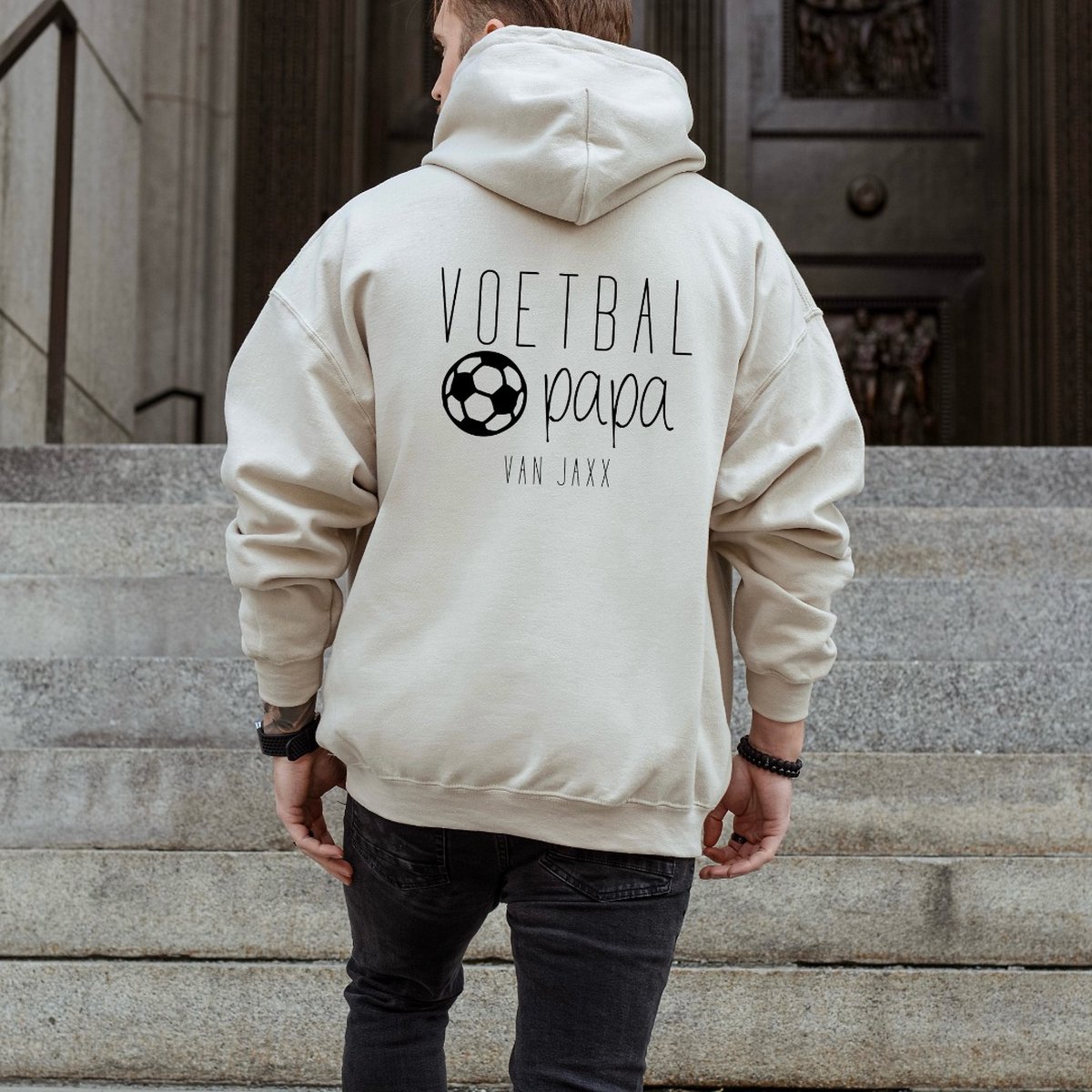 Heren hoodie voetbal papa van met kindernaam-Beige-Sand-Maat XXL