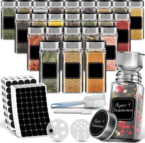 Foto: Soothe 24 glazen kruidenpotjes vierkant met rvs deksel 2 soorten strooideksels kruidenstrooier spice jars complete set incl kruiden stickers krijtstift en accessoires 120ml