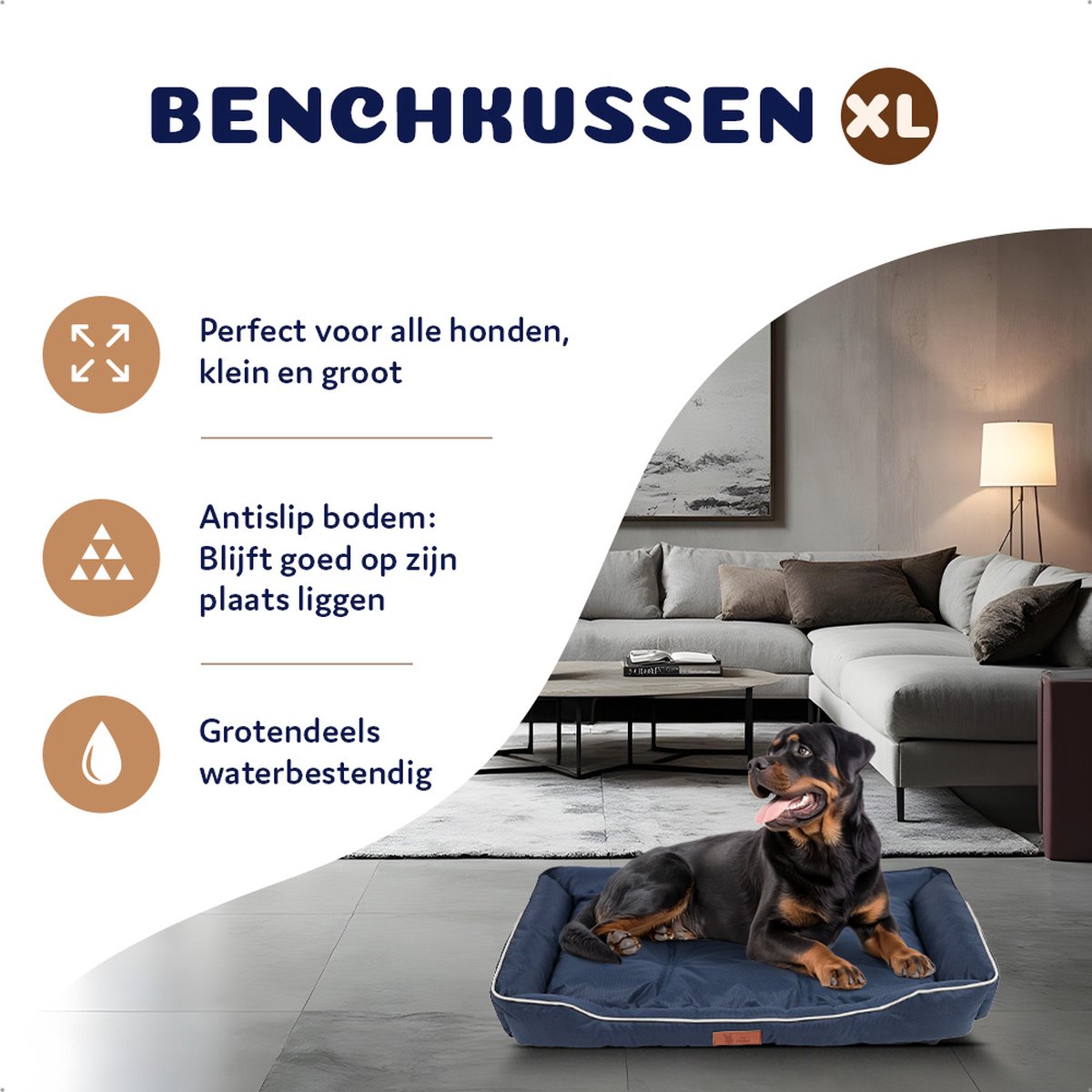 Pet Perfect Benchkussen XL - Hondenkussen Wasbaar - Hondenmand - Blauw - 90x55x10 thumbnail 2