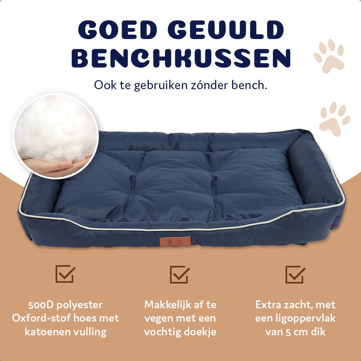 Pet Perfect Benchkussen XL - Hondenkussen Wasbaar - Hondenmand - Blauw - 90x55x10 thumbnail 3