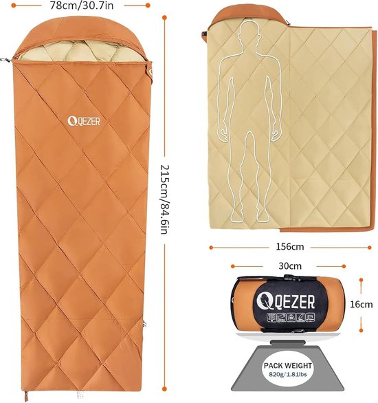QEZER Donsslaapzak, slechts 820 g, lichte slaapzak, kleine pakmaat, met 600 fp dons voor 3 seizoenen, camping, trekking en wandelen outdoor (Koffie 2