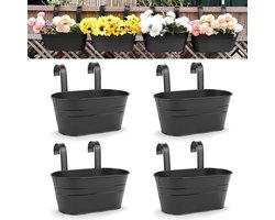 Plantenbak - Bak voor planten Grote hangende bloempotten - metalen ijzeren muur plantenbak - binnen buiten - reling hek balkon - woondecoratie - afneembare haken - zwart - set van 4 stuks