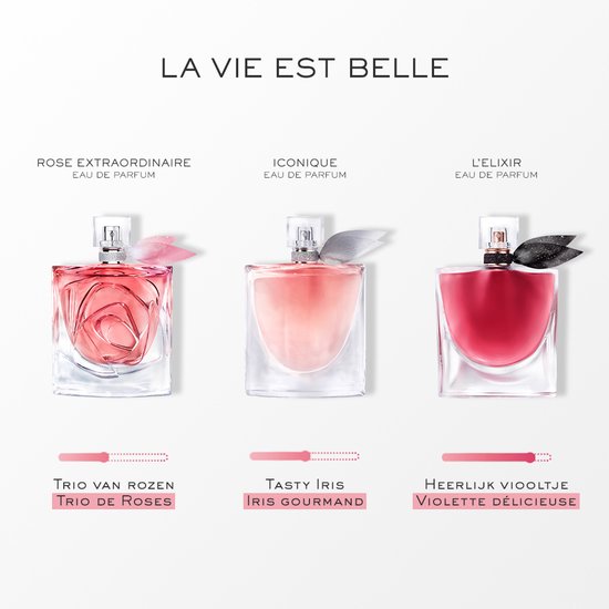 Drie Lancôme La Vie est Belle parfumen: 'Trio van Rozen', 'Tasty Iris', 'Heerlijk Viooltje'.