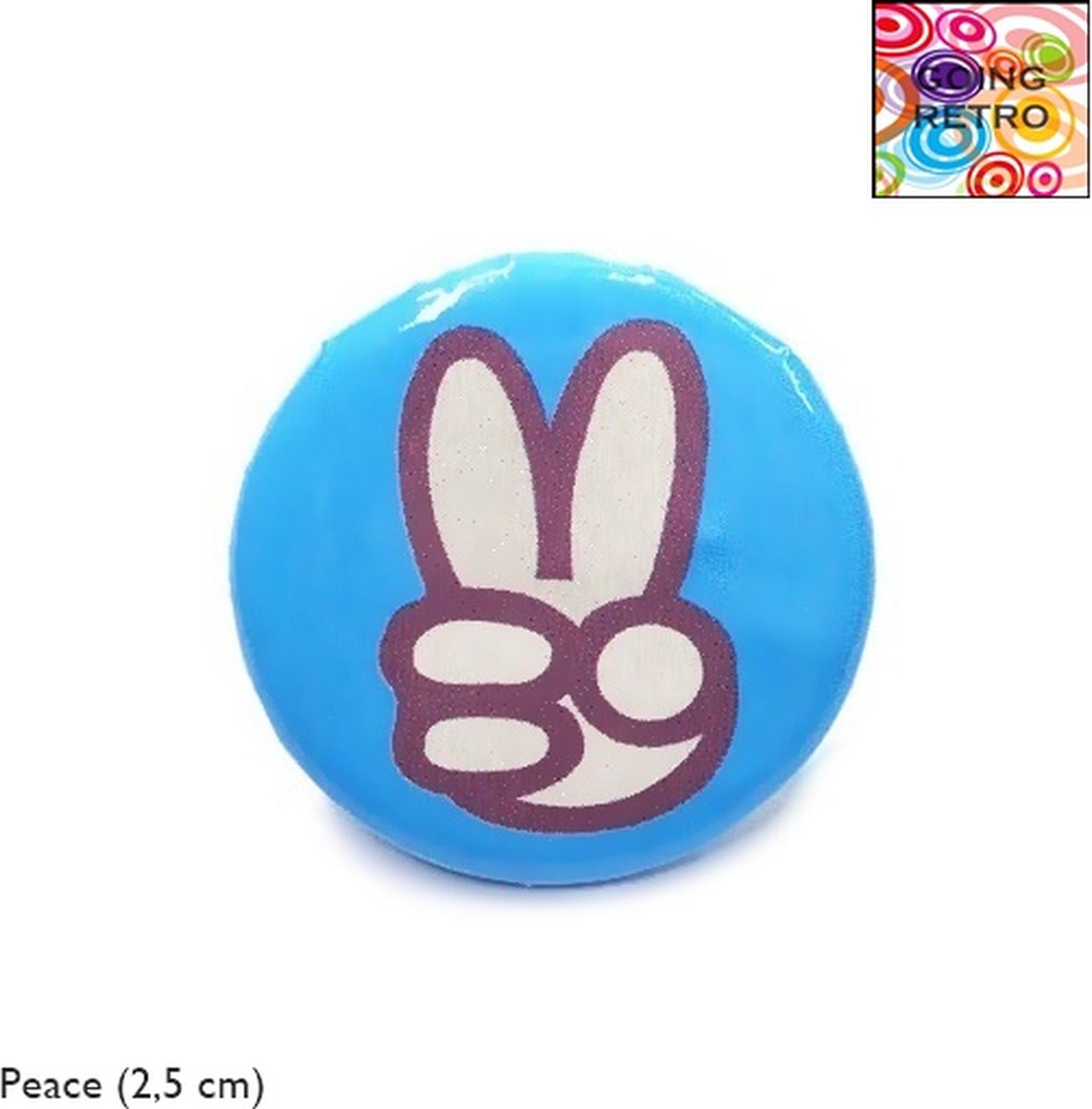 Going Retro® - Trendy Button Brôche - (30) Peace Teken Hand Wit Paars – Blauw – ca. 2,5 cm – Volwassenen Jeugd Kinderen – Unisex – Casual - Thema Feest