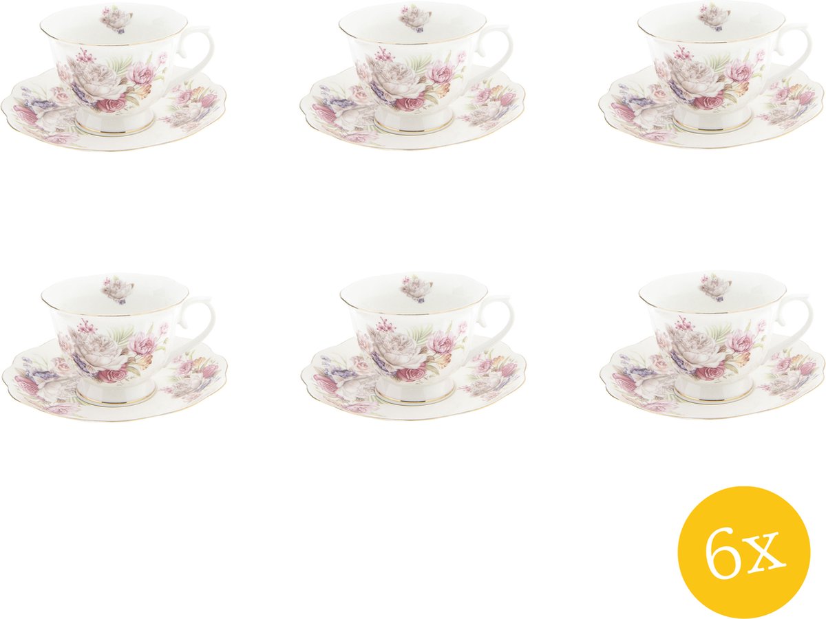 Clayre & Eef Kop en schotel set van 6 stuks schotel 250 ml Roze Wit Porselein Rond Bloemen Servies