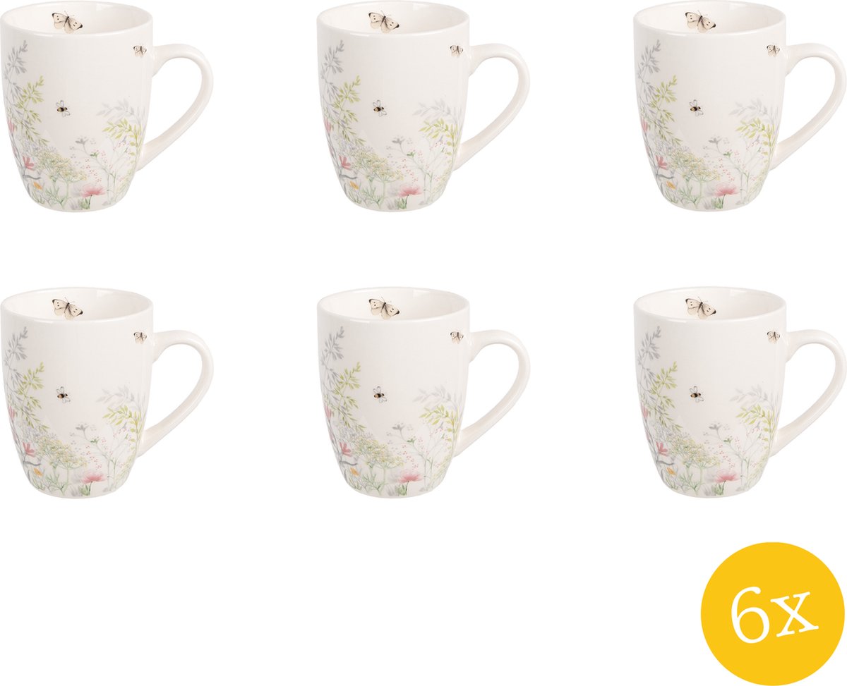 Clayre & Eef Mok set van 6 stuks 350 ml Wit Porselein Bloemen Drinkbeker