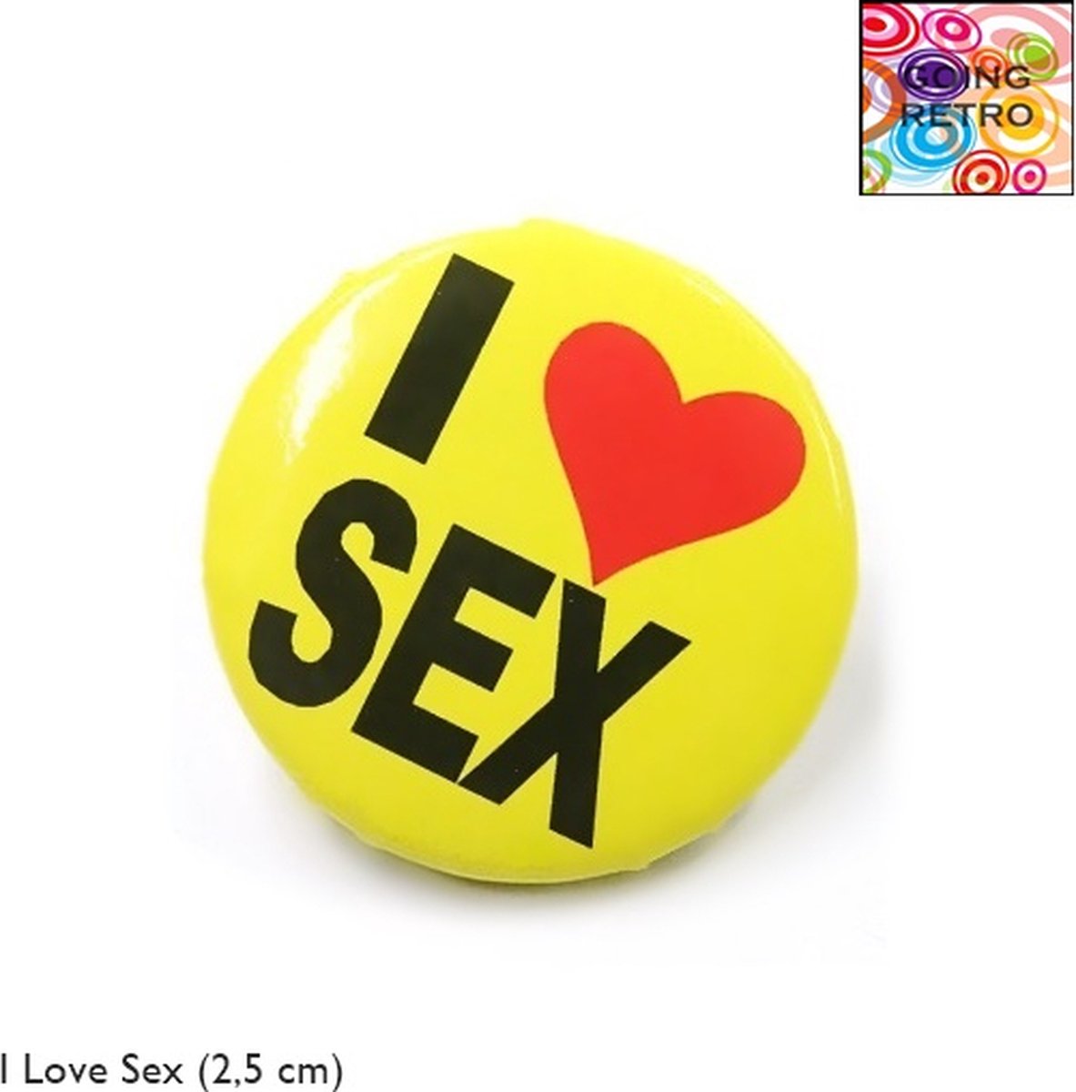 Going Retro® - Trendy Button Brôche - (48) I love Sex Zwart Hart Rood – Geel – ca. 2,5 cm – Volwassenen Jeugd – Unisex – Casual - Thema Feest